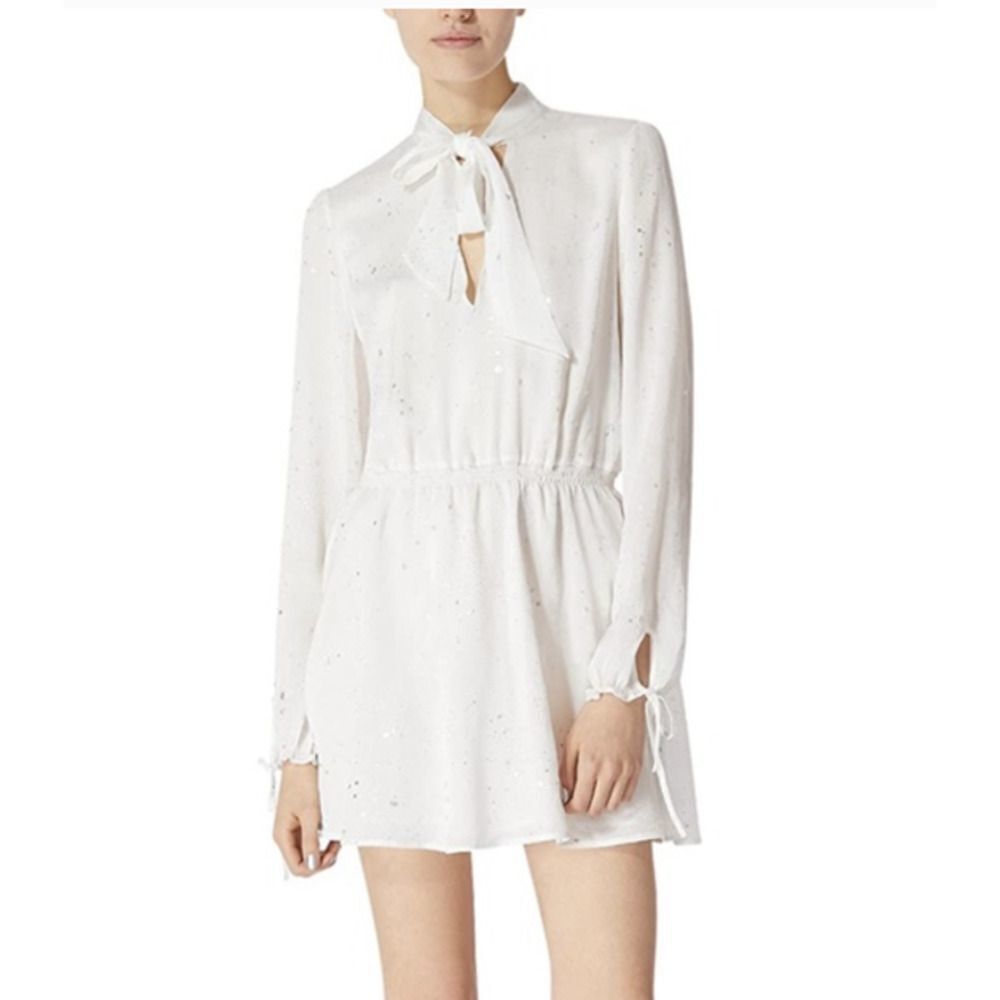 Avec Les Filles Long Sleeve Metallic Splatter Tie Crinkle Mini Dress White Small